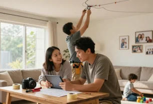 Complete home rewire project with family and professional electrician in a cozy living room.
