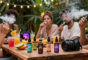 Friends enjoying THC vape Jungle Boys e-liquids at an outdoor gathering, surrounded by greenery and vibrant vape bottles.